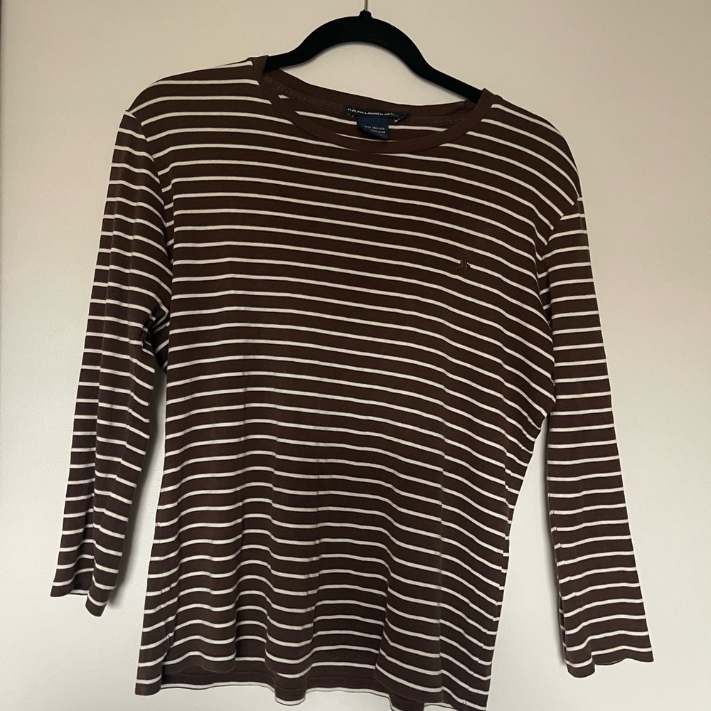 Ralph Lauren Brown and White Striped Long Sleeve Top